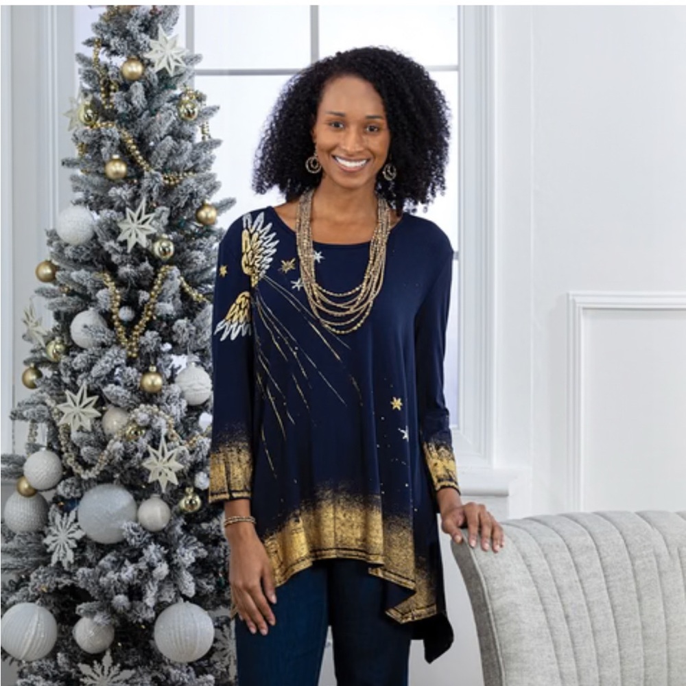 RAFFI Asymmetrical Blue and Gold Tunic with 3/4 Sleeves